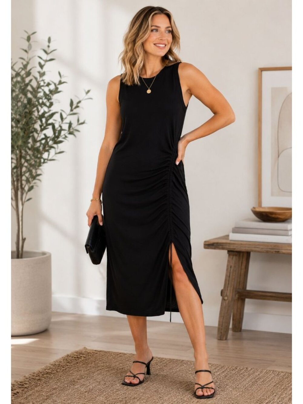 All Saints Black Ruched Bodycon Dress Side Slit Minimalist LBD 2 - Picture 9 of 9